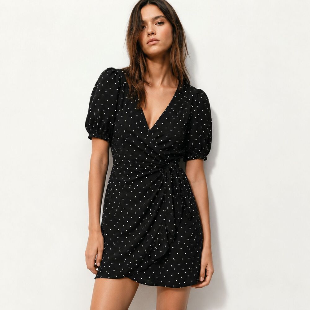 Lumière Black Polka Dot Wrap Dress Puff Sleeve Cottagecore Coquette Whimsygoth L